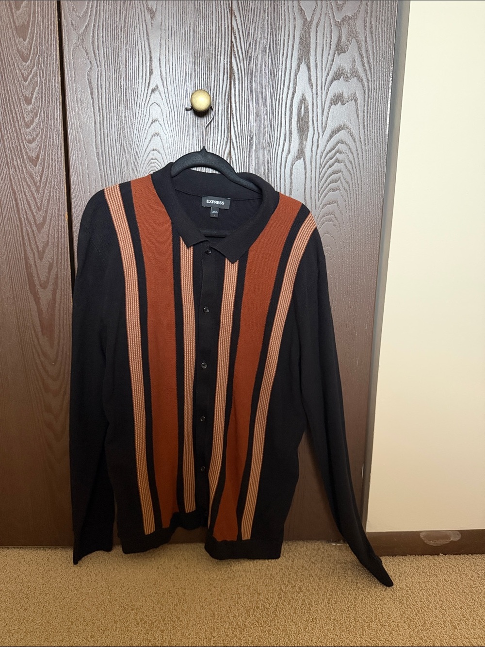 Express Men’s Black Cardigan with Rust and Tan Vertical Stripes